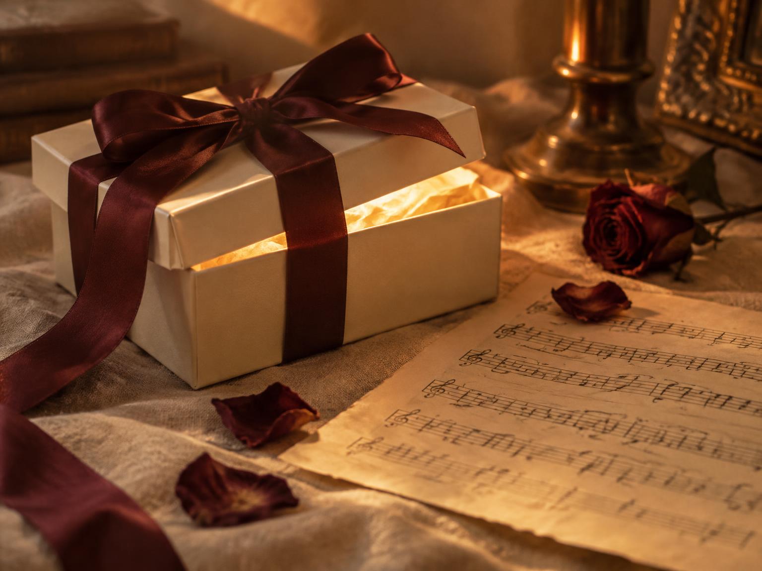 An ivory gift box tied with a burgundy ribbon beside a handwritten sheet of music